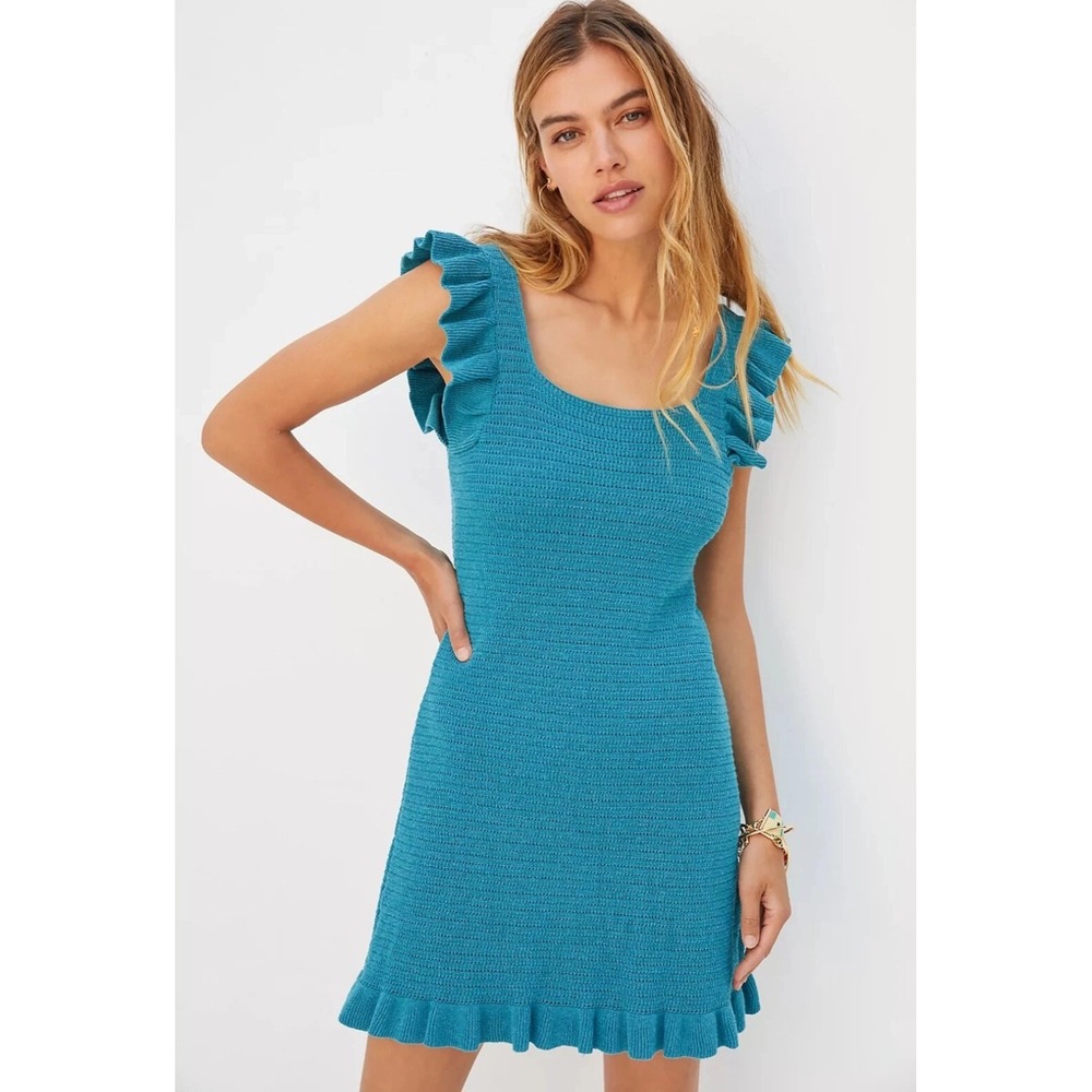 Anthropologie Ruffled Pointelle Knit Mini Dress Womens M Blue Green Lined Summer
